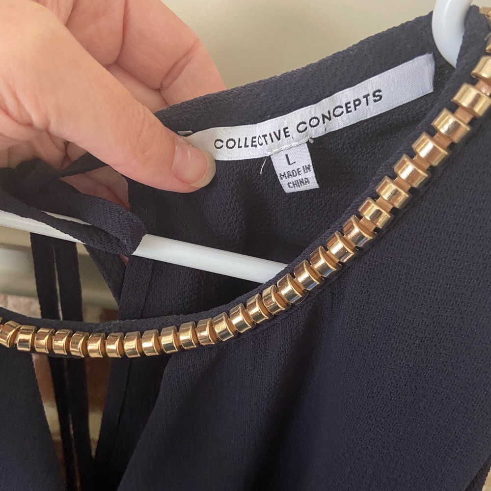 Navy tank with gold neck detail